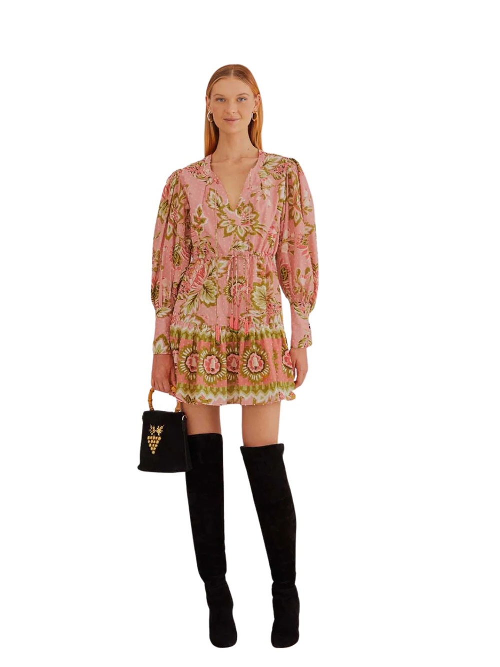 Farm Rio Pink Floral Aura Long Puff Sleeve Beaded Tassels Mini Dress Size XS NWT
